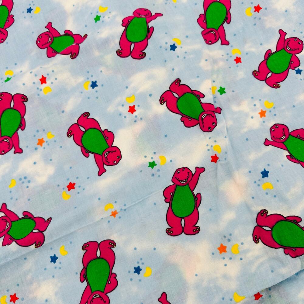 1999 Vintage LYONS Barney Dinosaur Fabric 2Yds White Stars Moon Princess Fabrics
